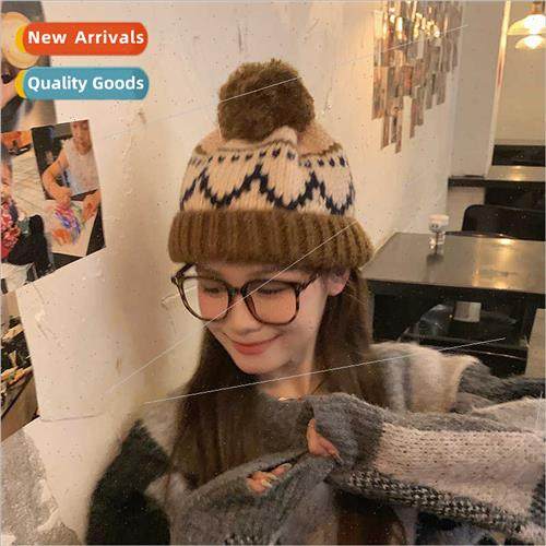 Japanese retro Fair Isle knted hat female winter Icelandic c