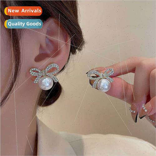 S925 Koreadiamond bow pearl earrings female wild sweet earri