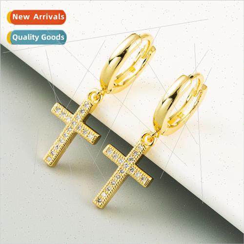 Europe retro cross-shaped brass earrings female micro-set zi