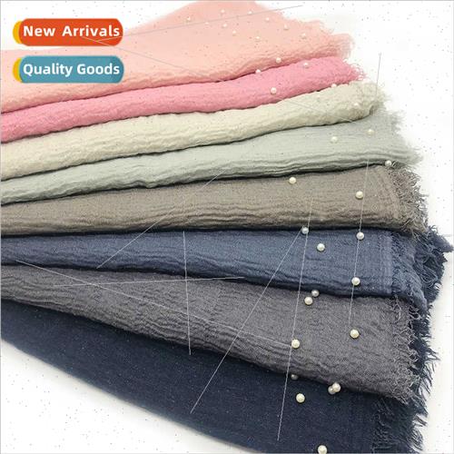 Cotton linen solid color whiskers edge pearl ladies scarf su