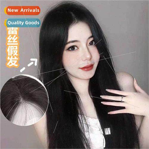 Front lace wig female black long center parted bangs simulat