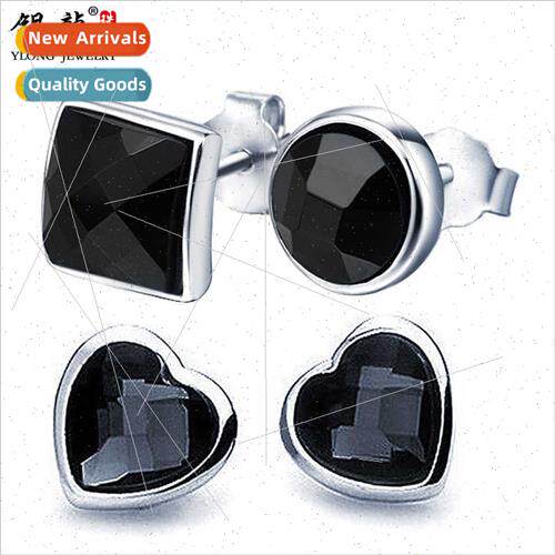 s925 silver jewelry synthetic black onyx earrings square rou