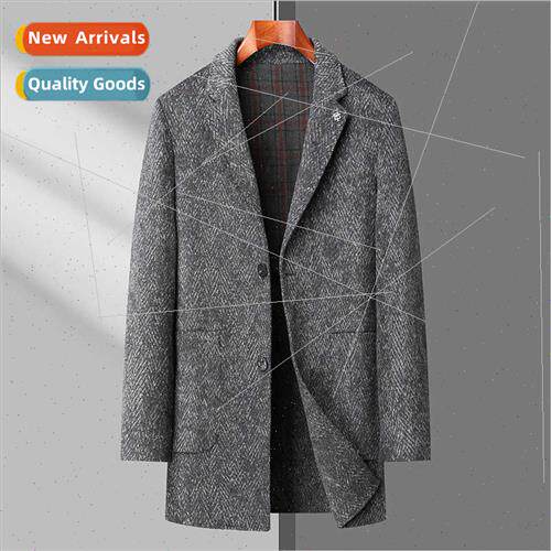 Autumn winter wool coat men medium-length herringbone tweed