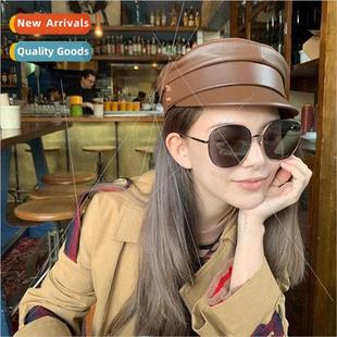 nav women top flat leather beret tongue duck hat Leather