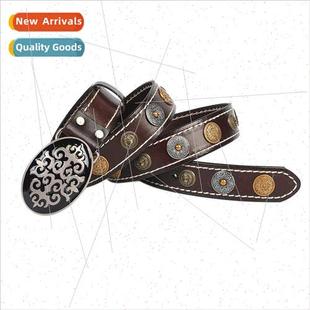 Punk Rock Men Leather Belt Kazakh Ethnic Vintage Smooth Buck