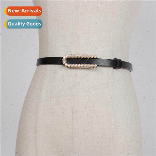 Pearl oval buckle leather thin belt female decorative dress