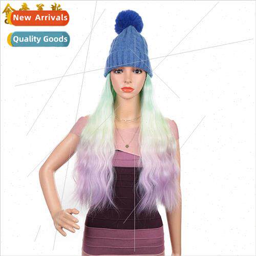 Women wig one-piece hat wig kn cap gradient green yellow pur