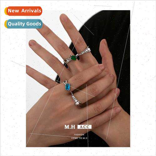 Pink square diamond pearl even finger ring female niche fash