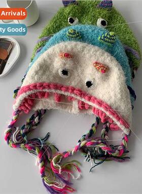 Monster crochet ear protection knted hat women fall winter w