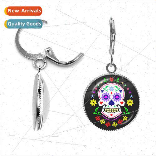 Fashion Hippy Skull Earrings Sugar Skull Folk Art Pattern Gl
