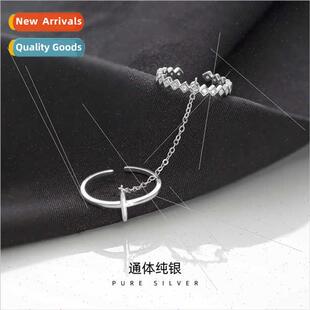 S925 silver cross chain ring fashion open ring ins niche ind