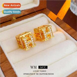square letter hollow silver metal zirconia earrings earr pin