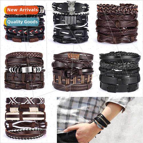 New Men Leather Set Bracelet Creative Leaves Wooden Beads Wo
