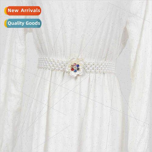 Women elastic elastic beaded waist chain belt belt flower dr