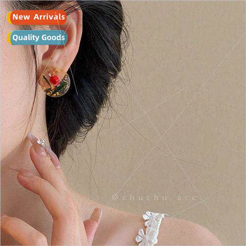 Summer flower earrings gold foil rose transparent round resi
