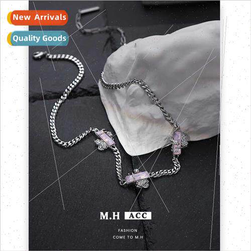 Pink square diamond sweater chain female ins hundred necklac
