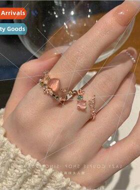 Girls Pink Love Cat Eye Stone Double Stacking Ring Female In