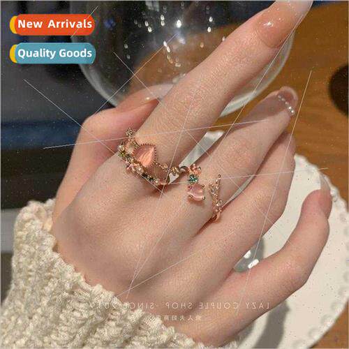 Girls Pink Love Cat Eye Stone Double Stacking Ring Female In