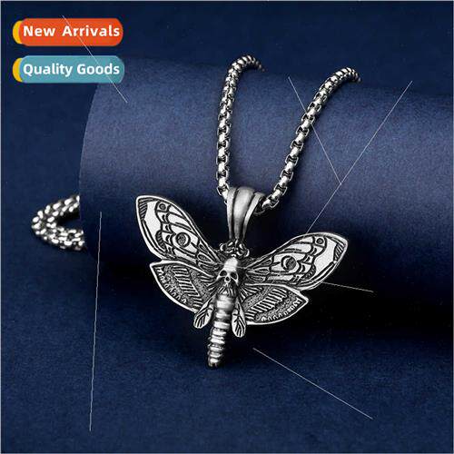 lence Lambs Skull Moth Pendant punk men ins tanium steel nec
