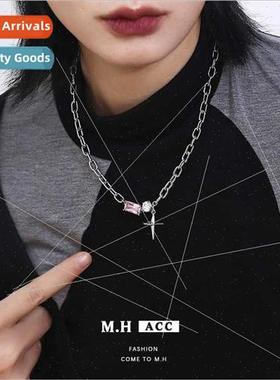 Quadrangle Pink Diamond Necklace Female che Pendant Chain Bo
