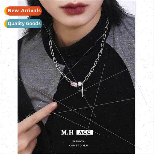 Quadrangle Pink Diamond Necklace Female che Pendant Chain Bo