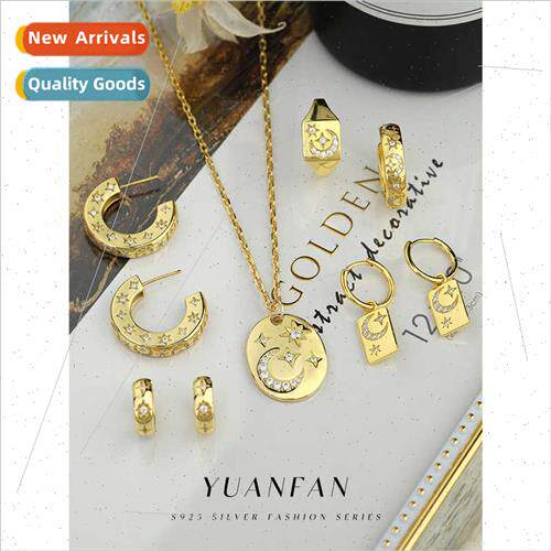 s925 silver metal crushed diamonds star moon necklace women