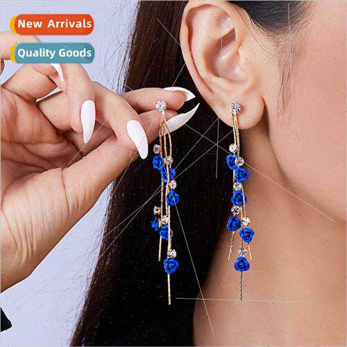 S925 silver needle long tassel multi-color rose flower earri