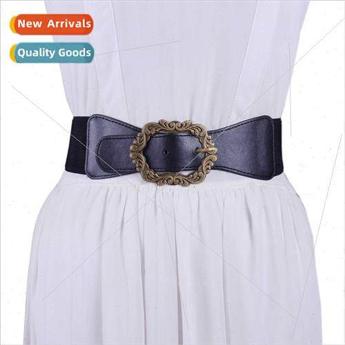 Women Belt Vintage Carved Metal Buckle Decoration Elastic El