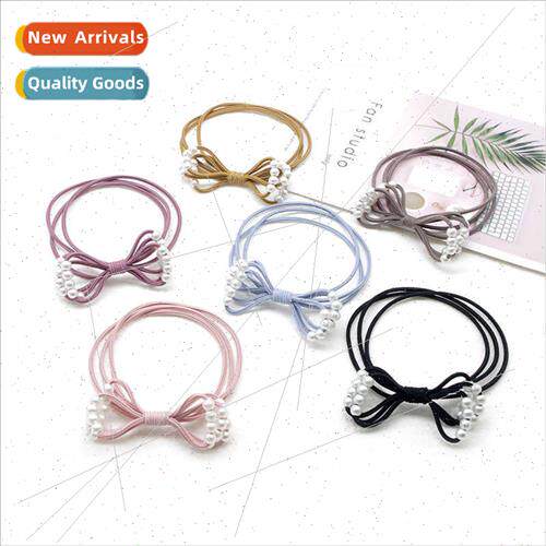 Multi-layer pearl bow hair loop small pearl hair tie leather