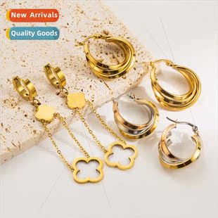 Europe fashion retro flower pendant tanium steel earrings fe