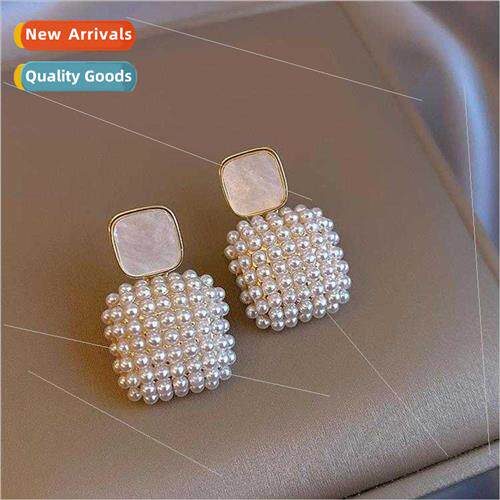 S925 silver needle Korea sense pearl square earrings new tid
