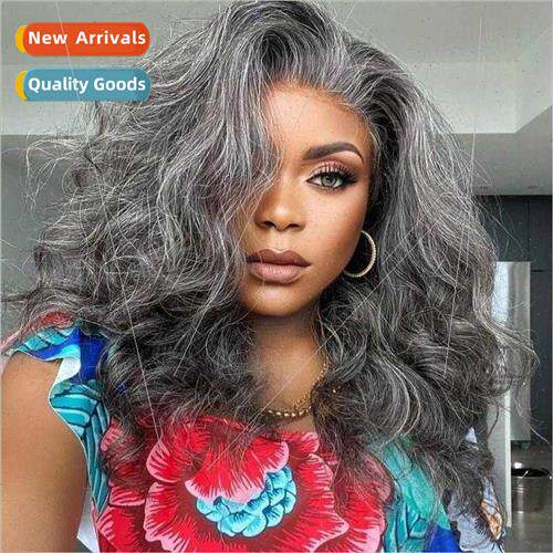 Europe wig women long curly hair wig oblique bangs gray whe