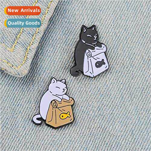 Exquise design cartoon cute alloy cat badge couple black whe