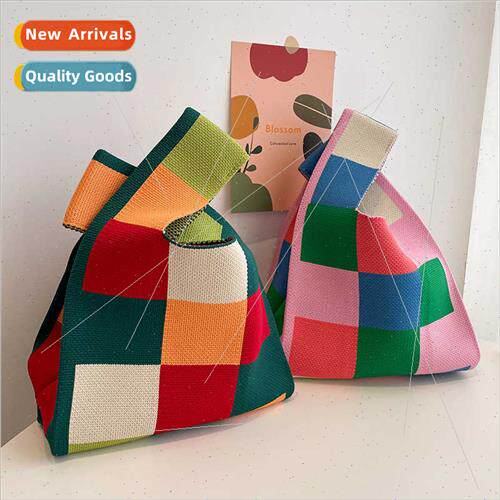 2022 New Fashion Pink Green Checkerboard Plaid Woven Tote Kn