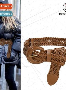 Women wide belt no punch braided leather summer decorative s