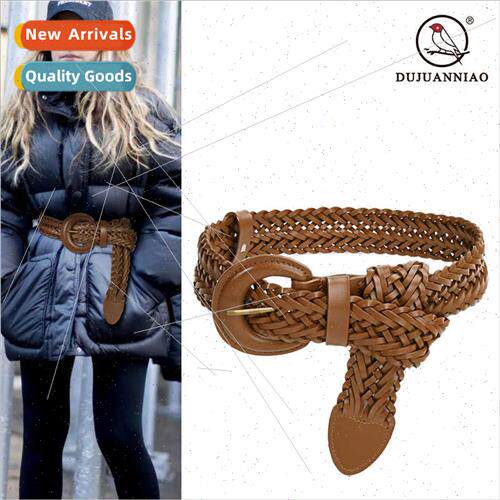 Women wide belt no punch braided leather summer decorative s