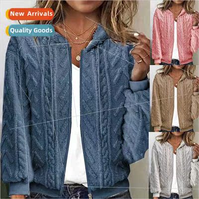 Autumn new women cardigan zipper drawstring hooded solid col