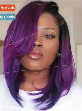 Europe Women Wigs Black Purple Gradient Medium Parting o Hea
