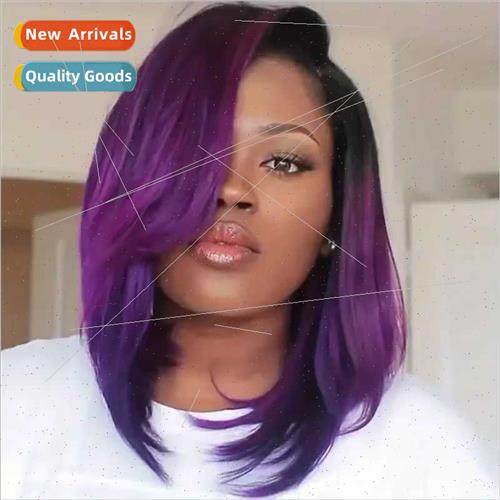 Europe Women Wigs Black Purple Gradient Medium Parting o Hea