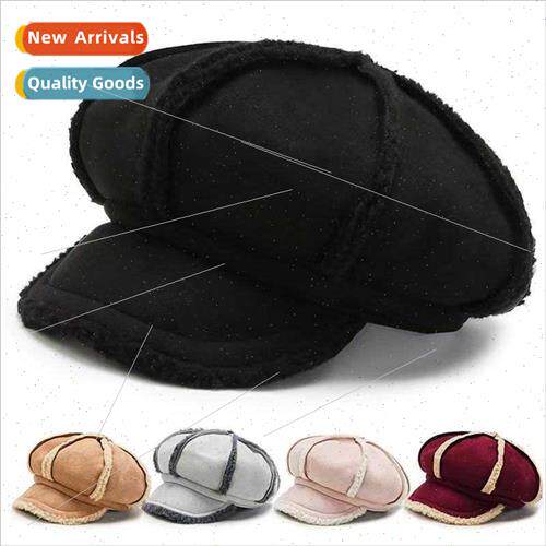New winter deerskin velvet lamb hair curved brim octagonal h