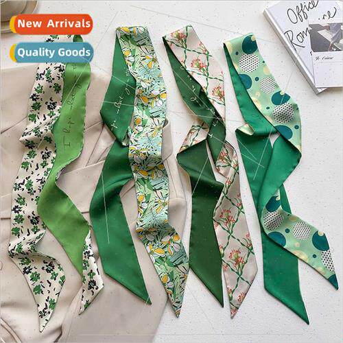 French fashion green whe long small silk scarf women hair ti