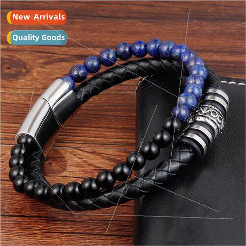 Natural Stone Beads Tanium Steel Bracelet Leather Braided Le
