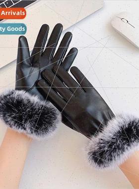 Real rabb fur leather gloves female fall winter padded thick