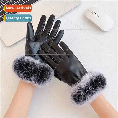 Real rabb fur leather gloves female fall winter padded thick