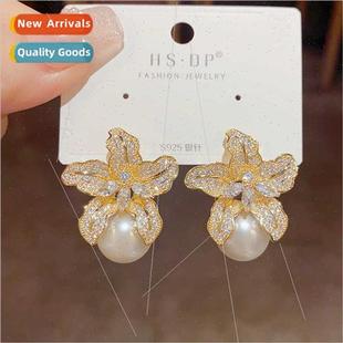 Fairy Zirconia Flower French Earrings Easy Pearl Fas Vintage