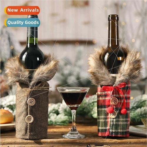 Christmas table wine cover plush plaid dress skirt wine bott