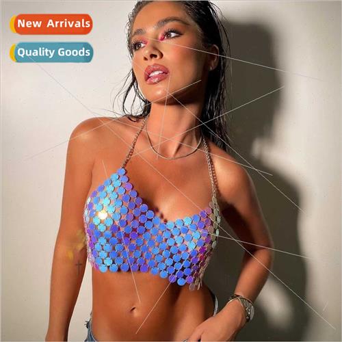 360004Europevest sexy blue flake round sequins splicing neck