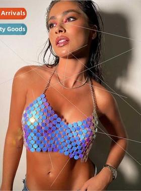 360004Europevest sexy blue flake round sequins splicing neck