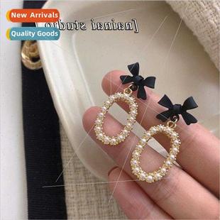 Vintage Earrings Women Pearl Black Geometric Bow