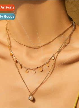 Europe retro layered metal necklace round shiny sequins pend